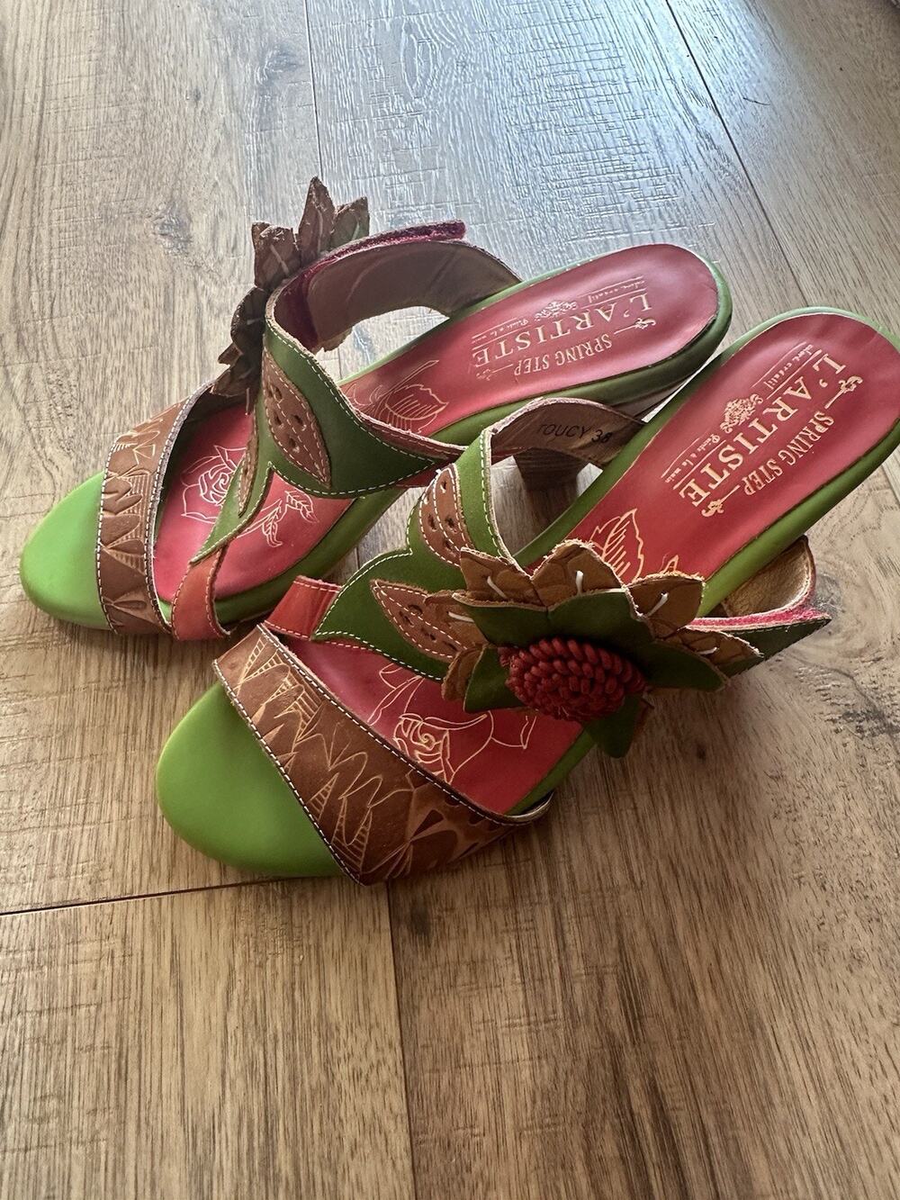 SPRING STEP Toucy EU 39 Green MULTI-COLOR Sunflower Deco Slip On LEATHER SANDALS